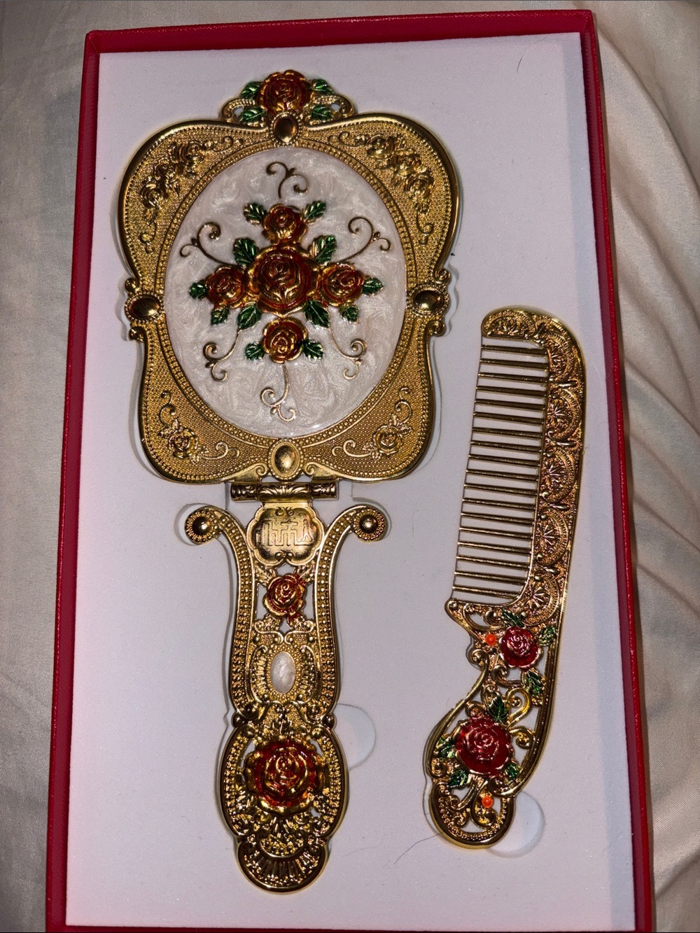 Ethnic Indian  Gold Floral Hand Mirror and Comb Set — Red & Green Accents